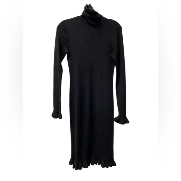 Ralph Lauren Black Italian Marino Wool Turtleneck Sweater Ruffle hem Dress sz M - Picture 1 of 10